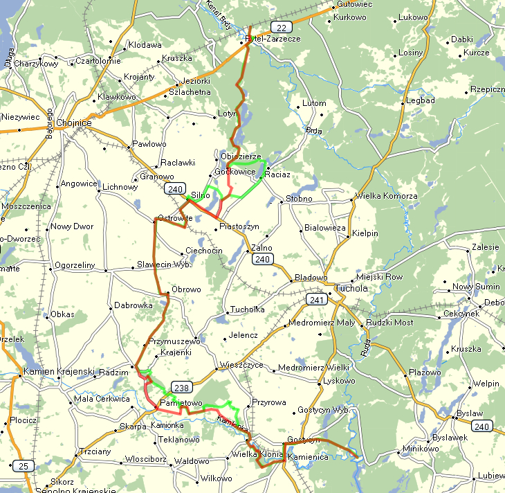 Mapa zmienionego szlaku (na zielono nowy odcinek)