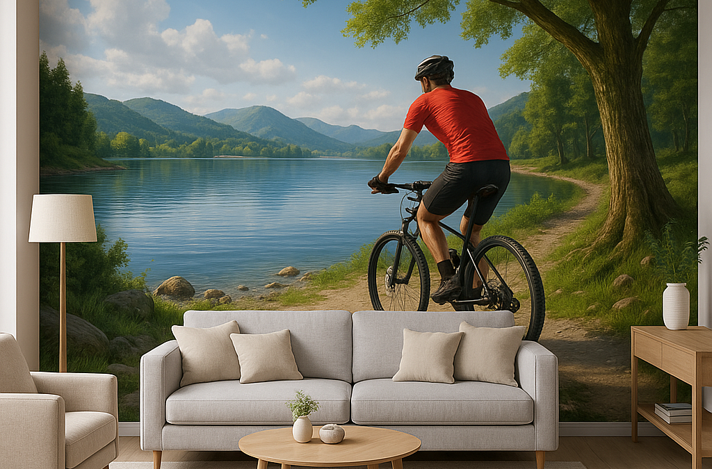 Fototapety 3D z widokiem jeziora — relaks po wyprawie rowerowej