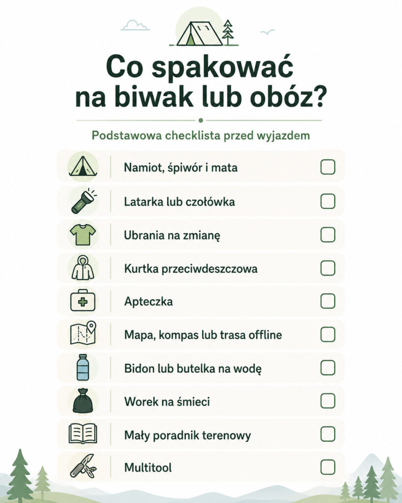 Co spakować na biwak lub obóz – checklista najważniejszych rzeczy, takich jak namiot, śpiwór, apteczka, latarka, mapa, bidon i multitool